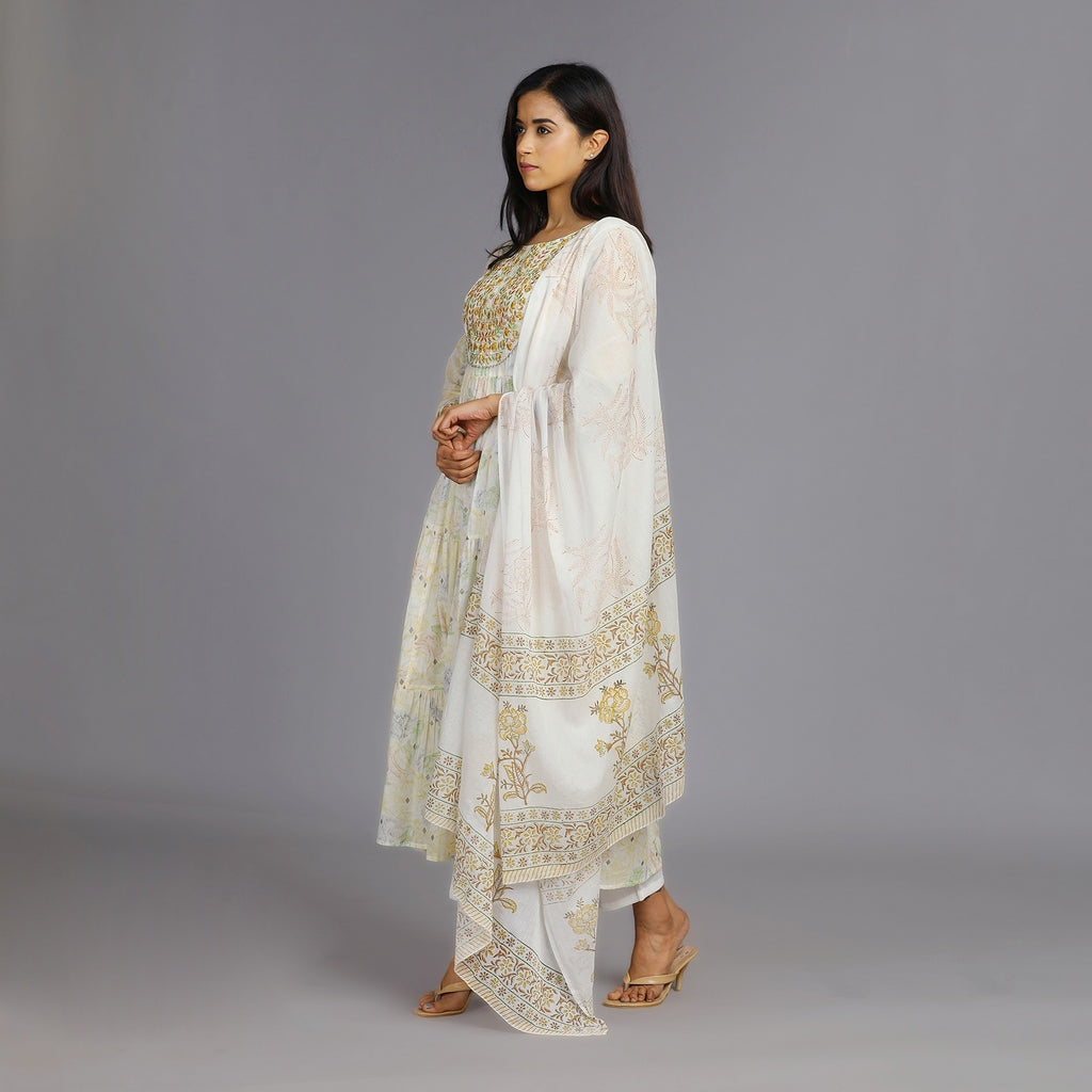 White, Brown & Green Mul Cotton Suit Set – 3pc - Aavarana by Karnika