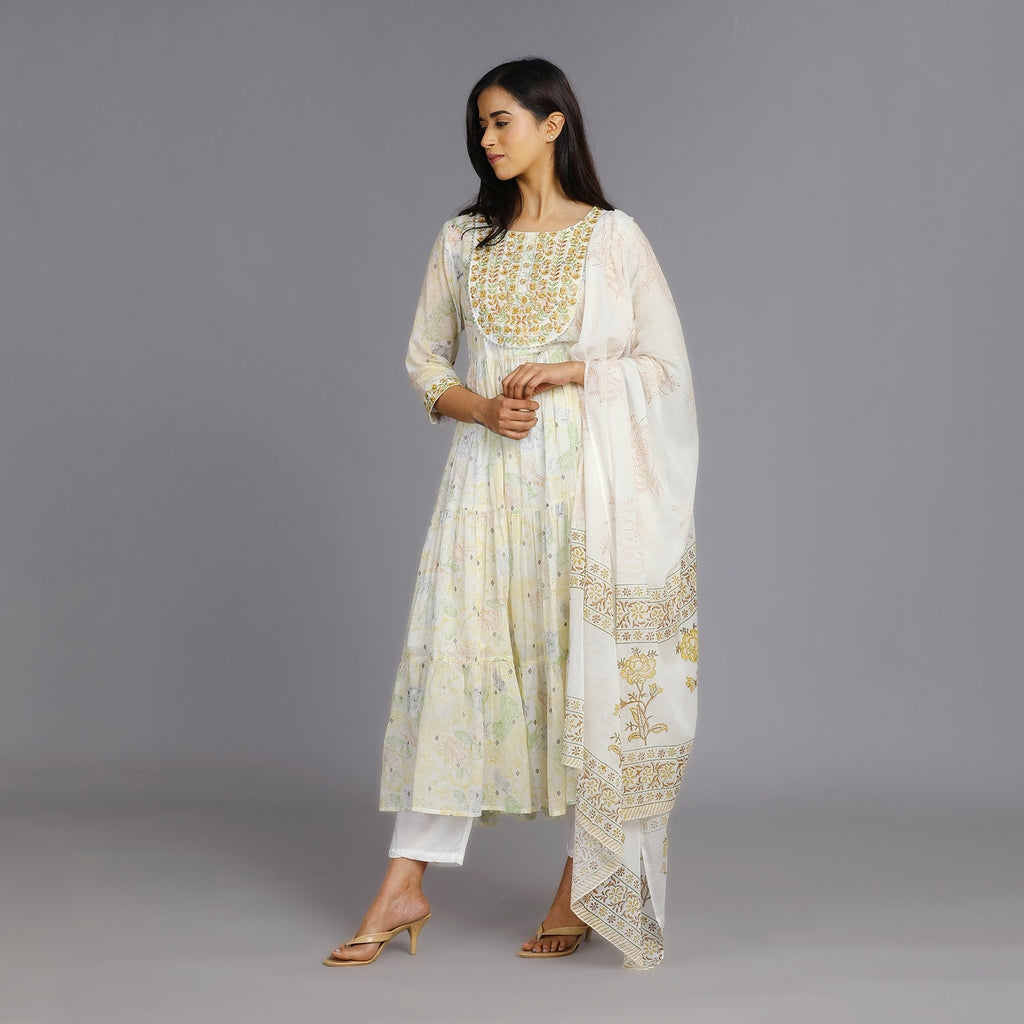 White, Brown & Green Mul Cotton Suit Set – 3pc - Aavarana by Karnika