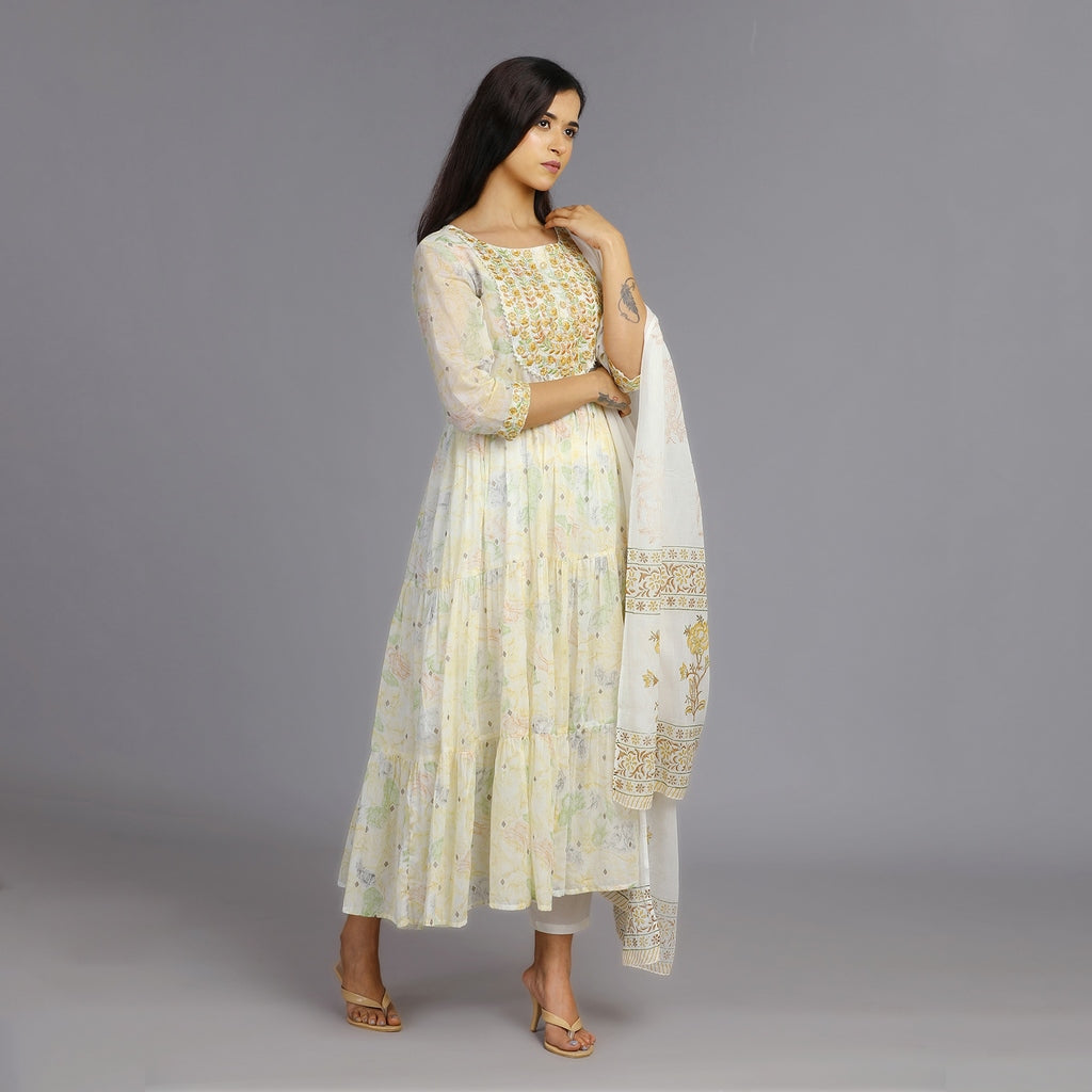 White, Brown & Green Mul Cotton Suit Set – 3pc - Aavarana by Karnika