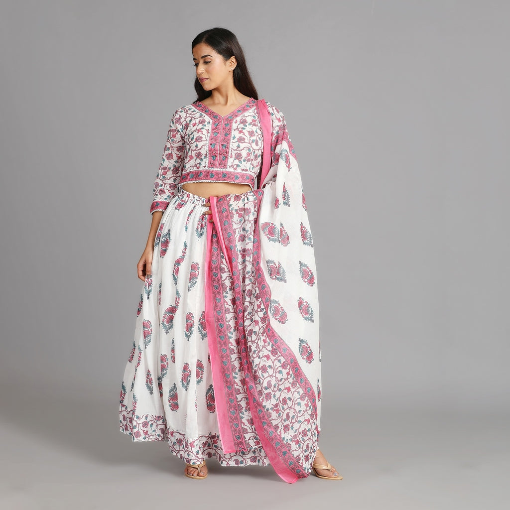 White, Pink and Green Mul Cotton Crop Top & Skirt Set with Dupatta – 3pc - Aavarana by Karnika