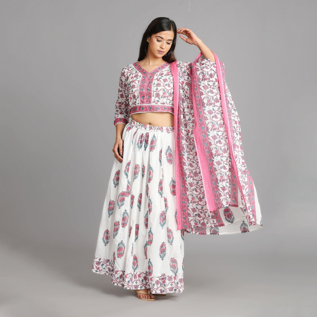 White, Pink and Green Mul Cotton Crop Top & Skirt Set with Dupatta – 3pc - Aavarana by Karnika