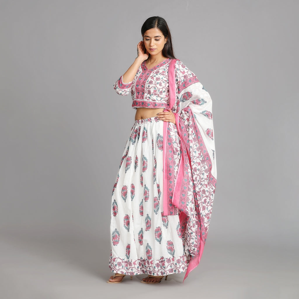 White, Pink and Green Mul Cotton Crop Top & Skirt Set with Dupatta – 3pc - Aavarana by Karnika