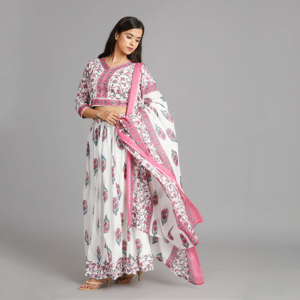 White, Pink and Green Mul Cotton Crop Top & Skirt Set with Dupatta – 3pc - Aavarana by Karnika