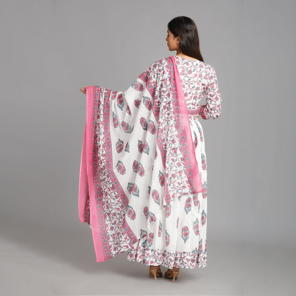 White, Pink and Green Mul Cotton Crop Top & Skirt Set with Dupatta – 3pc - Aavarana by Karnika