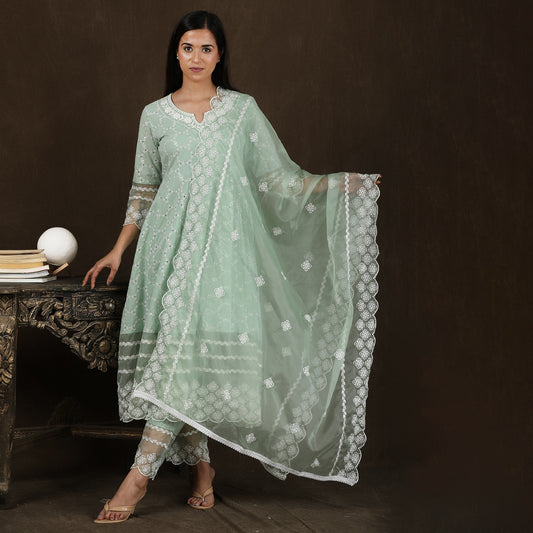 Powder Green Premium Cotton Heavy All Over Embroidery Suit Set – 3pc - Aavarana by Karnika