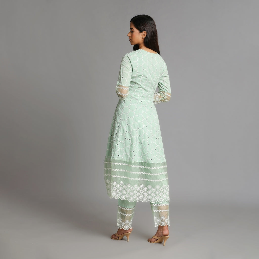 Powder Green Premium Cotton Heavy All Over Embroidery Suit Set – 3pc - Aavarana by Karnika