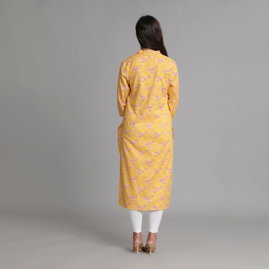 Yellow Cotton V-Neck Kurta – 1pc - Aavarana by Karnika
