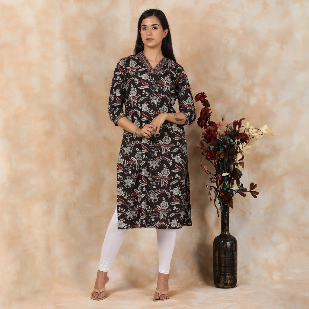 Black Cotton V-Neck Kurta – 1pc - Aavarana by Karnika