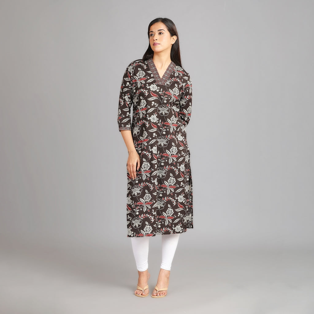 Black Cotton V-Neck Kurta – 1pc - Aavarana by Karnika