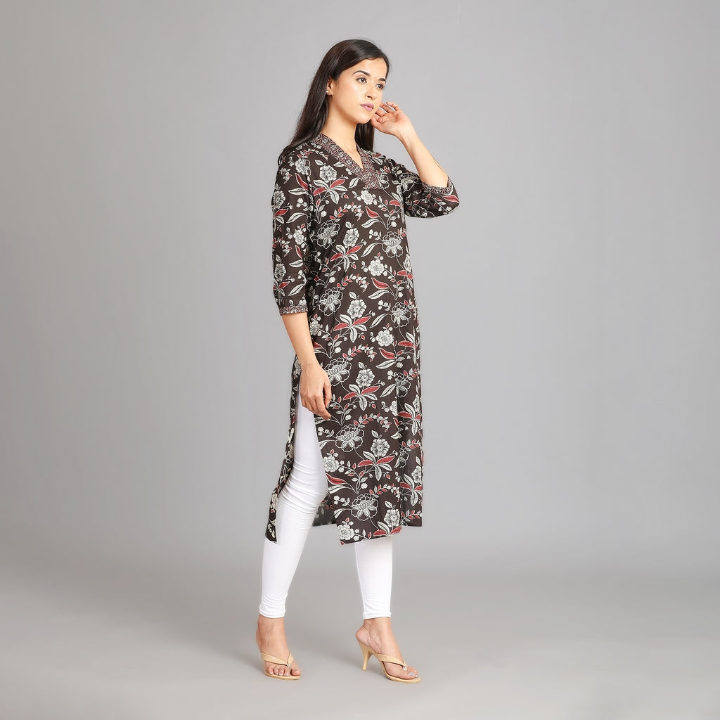 Black Cotton V-Neck Kurta – 1pc - Aavarana by Karnika