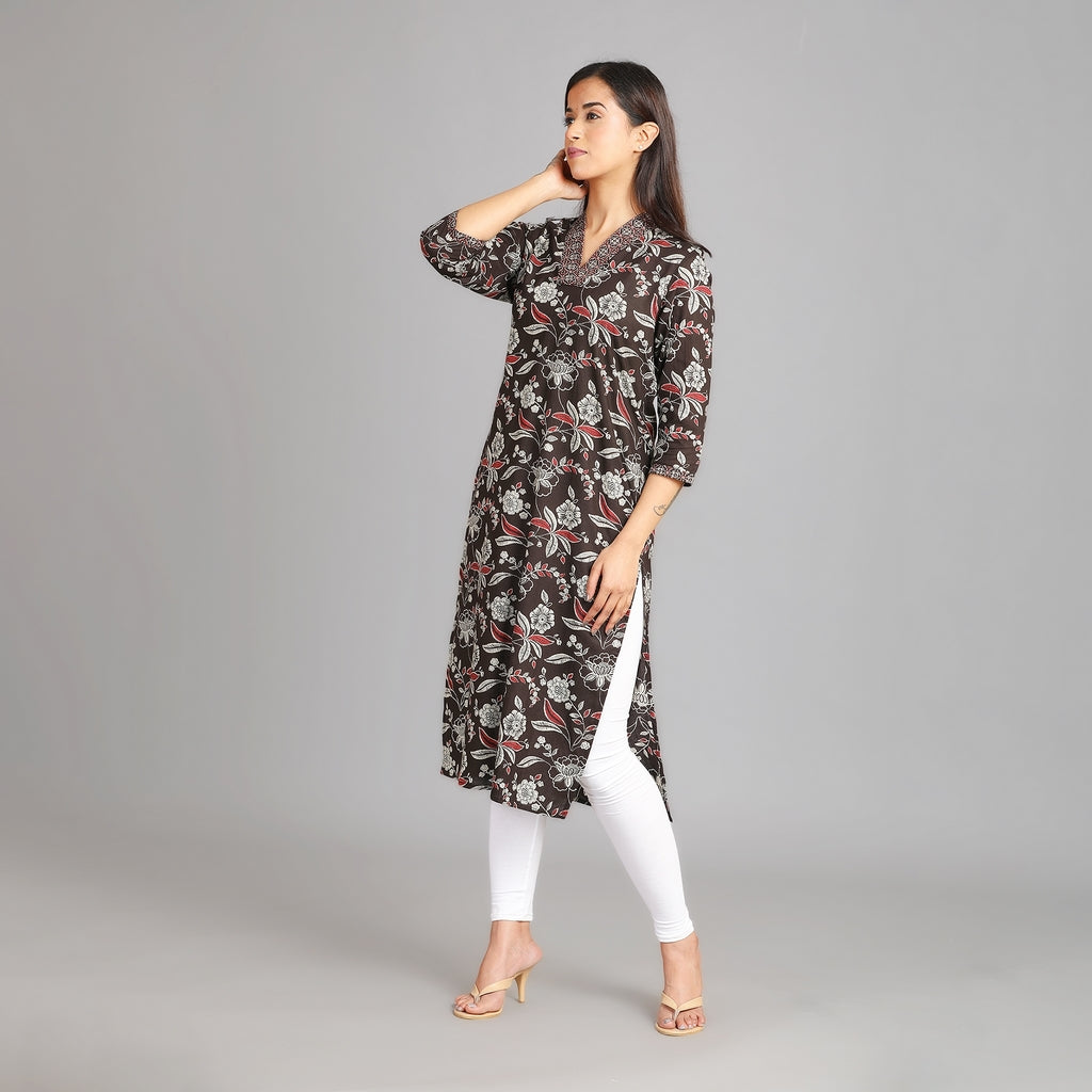 Black Cotton V-Neck Kurta – 1pc - Aavarana by Karnika
