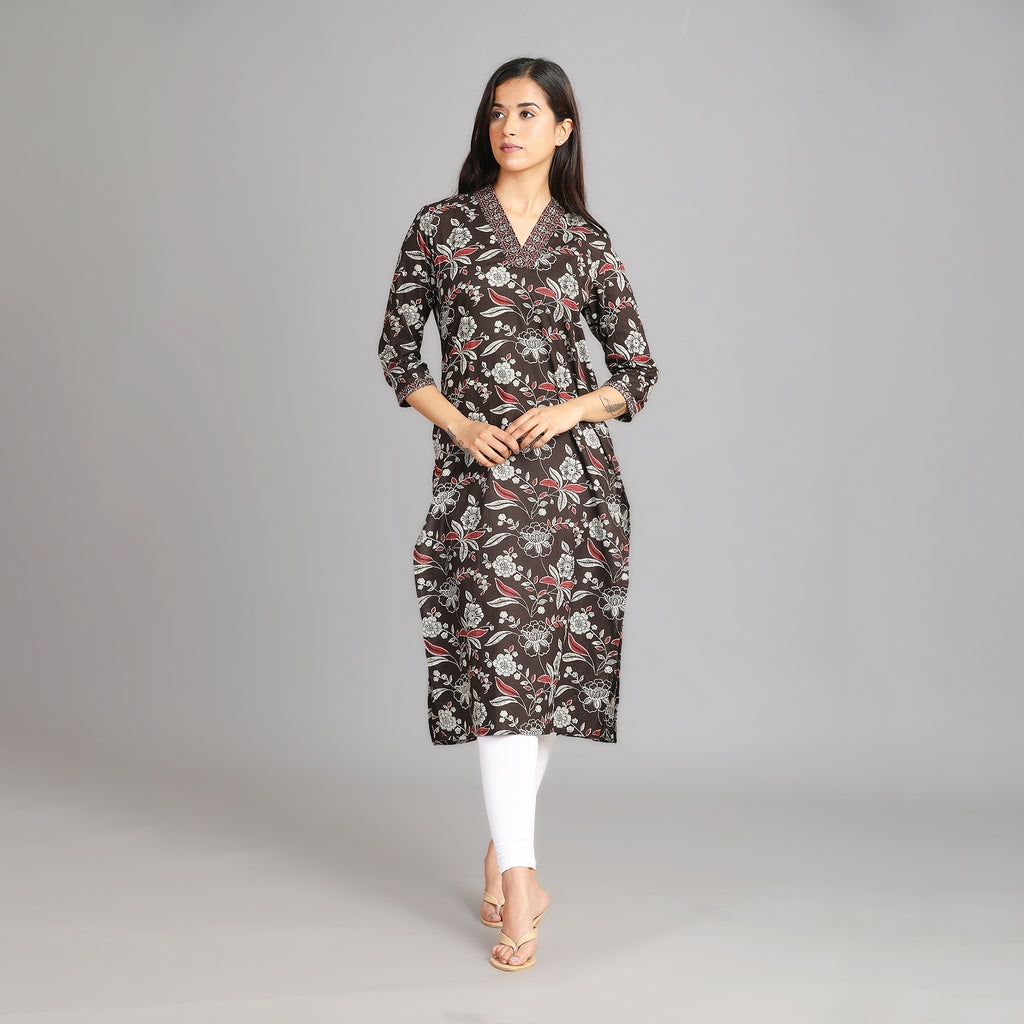 Black Cotton V-Neck Kurta – 1pc - Aavarana by Karnika