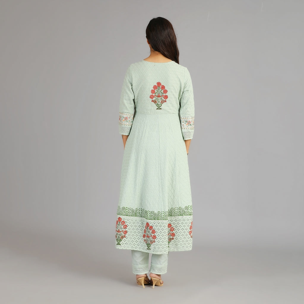 Pastel Green Cotton Heavy Schiffli Anarkali Suit Set with Block Pattern & Gotapatti Work – 3pc - Aavarana by Karnika