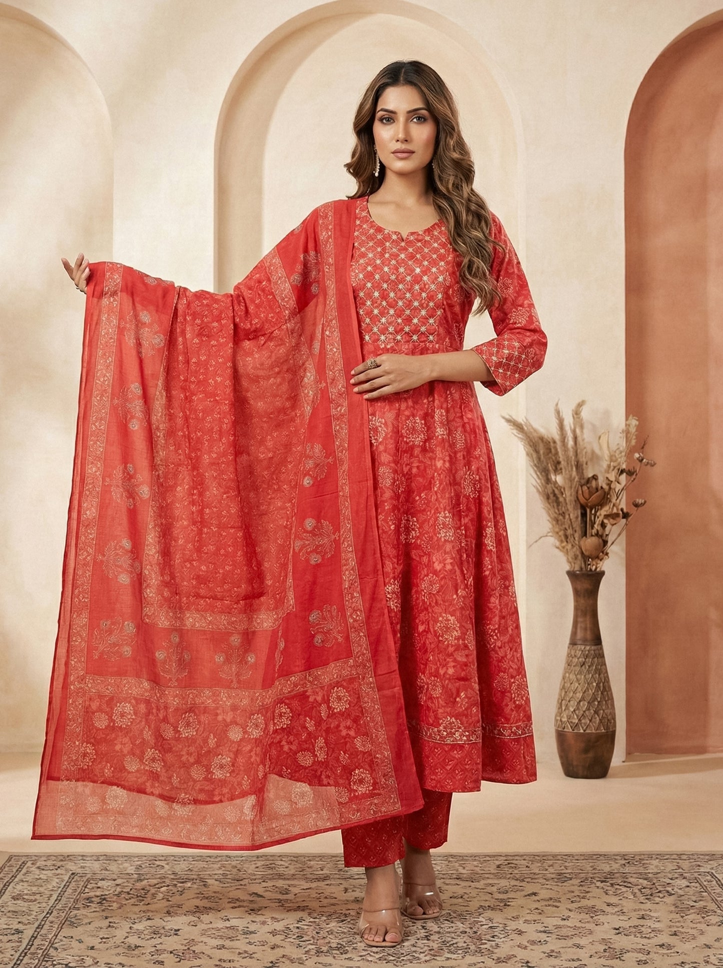 Coral Bloom Printed Cotton Co-Ord Set with Dupatta