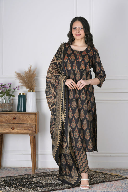 Ameya Black and Brown Handblock Cotton Suit Set - Aavarana by Karnika