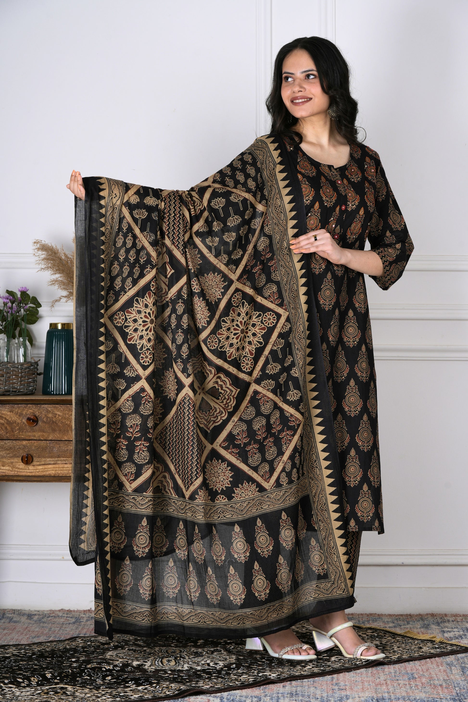 Ameya Black and Brown Handblock Cotton Suit Set - Aavarana by Karnika