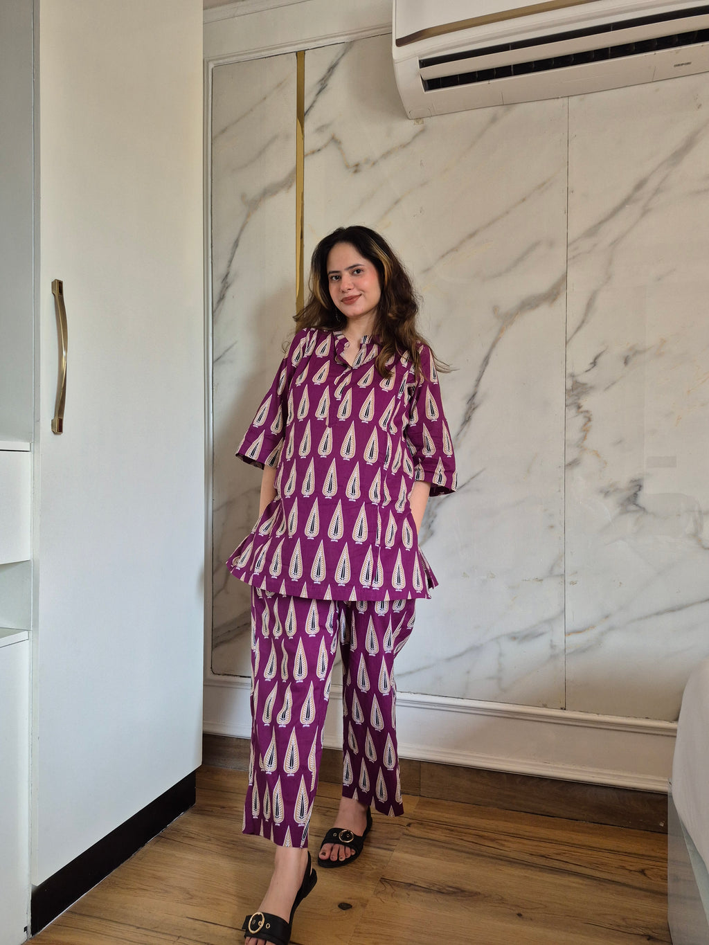Purple Leaf Print Coord Set with Afghani Pants