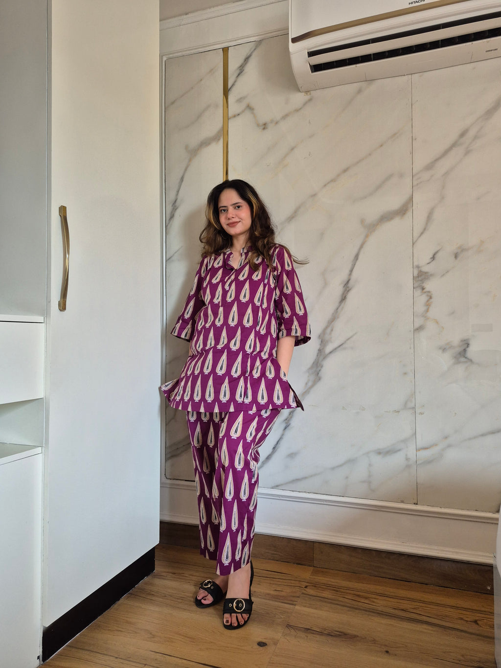 Purple Leaf Print Coord Set with Afghani Pants
