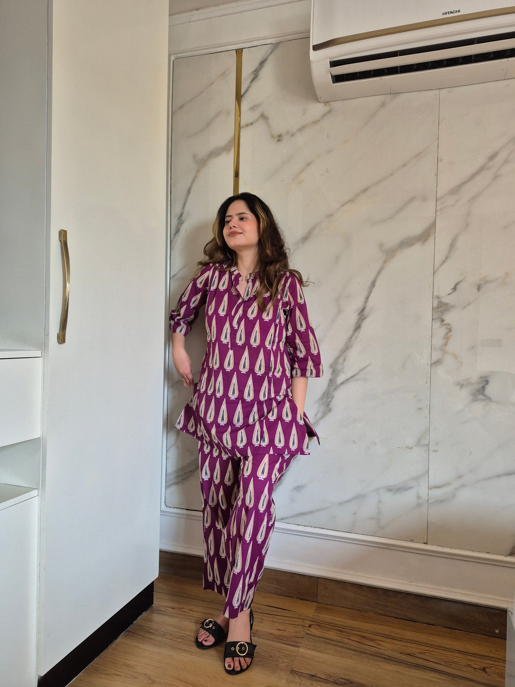 Purple Leaf Print Coord Set with Afghani Pants