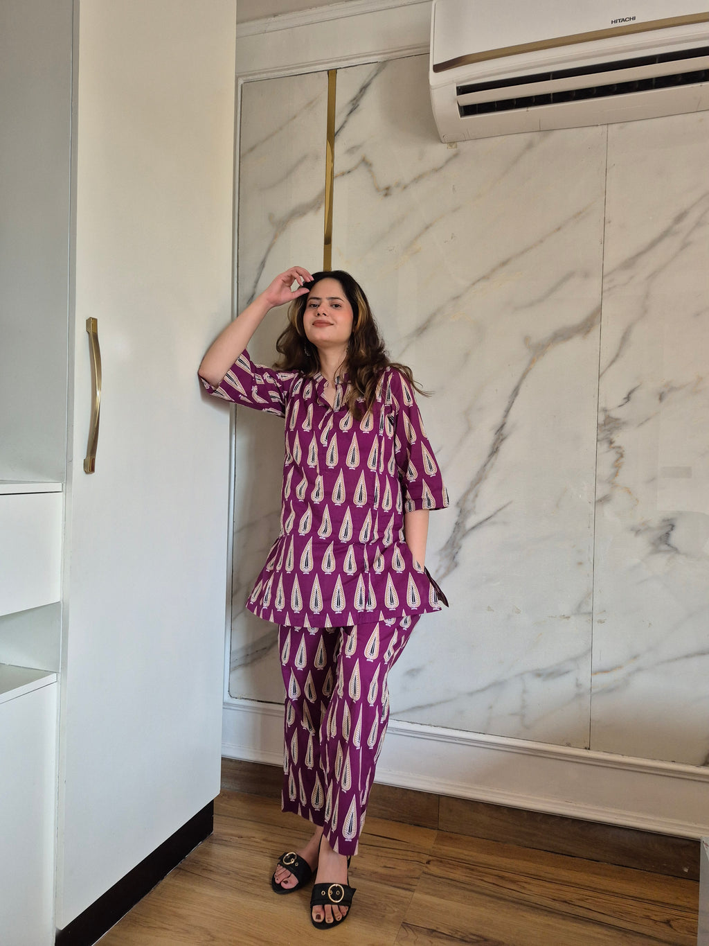 Purple Leaf Print Coord Set with Afghani Pants