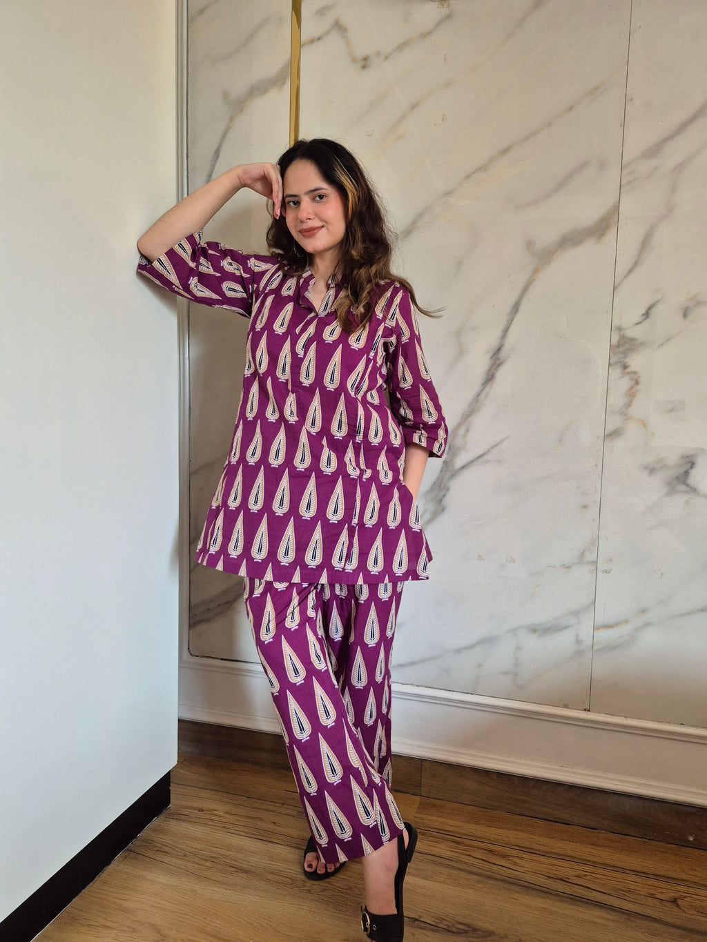 Purple Leaf Print Coord Set with Afghani Pants