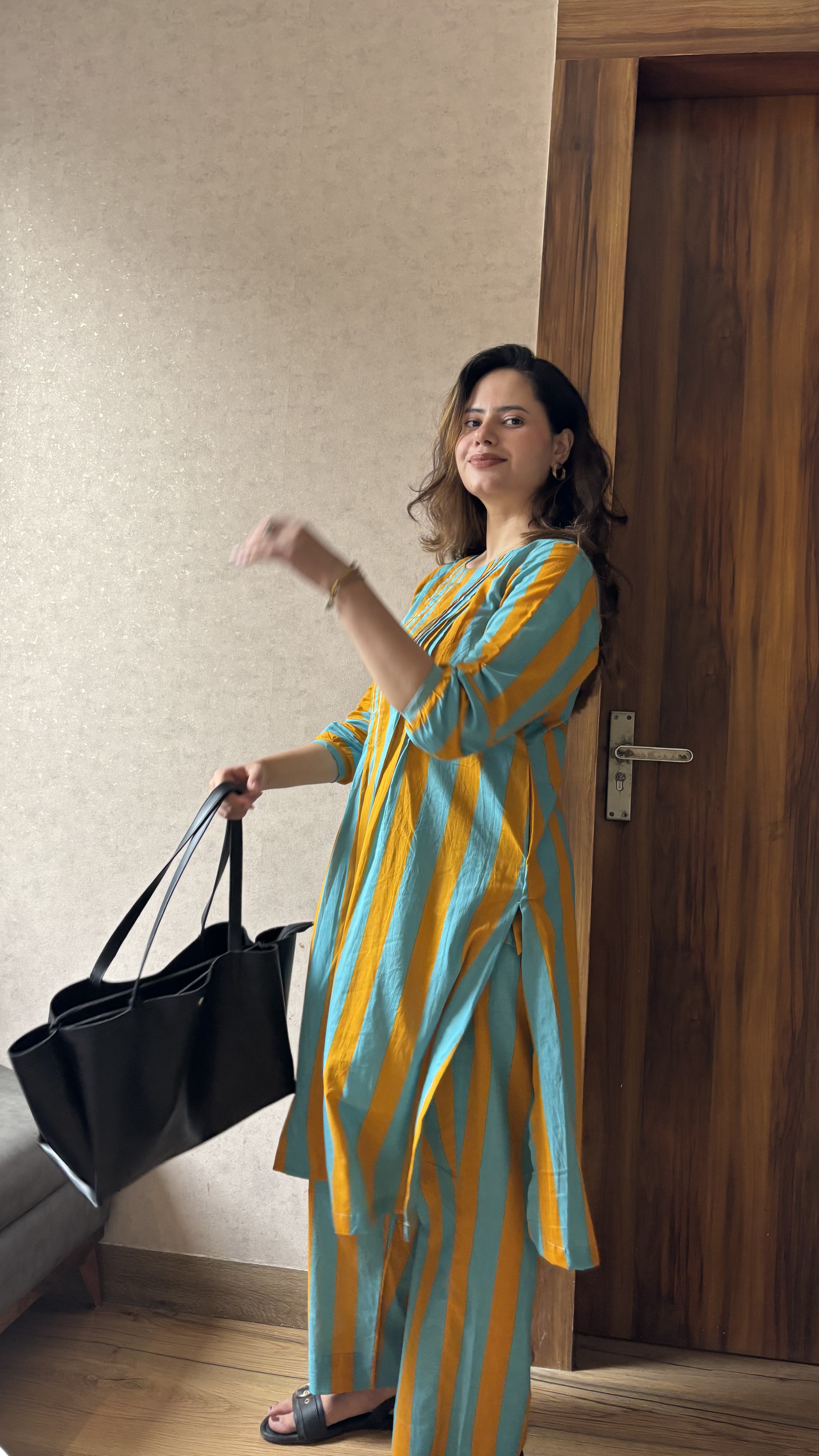 Blue & Mustard Stripe Coord Set with Kurta and Pants