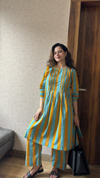 Blue & Mustard Stripe Coord Set with Kurta and Pants
