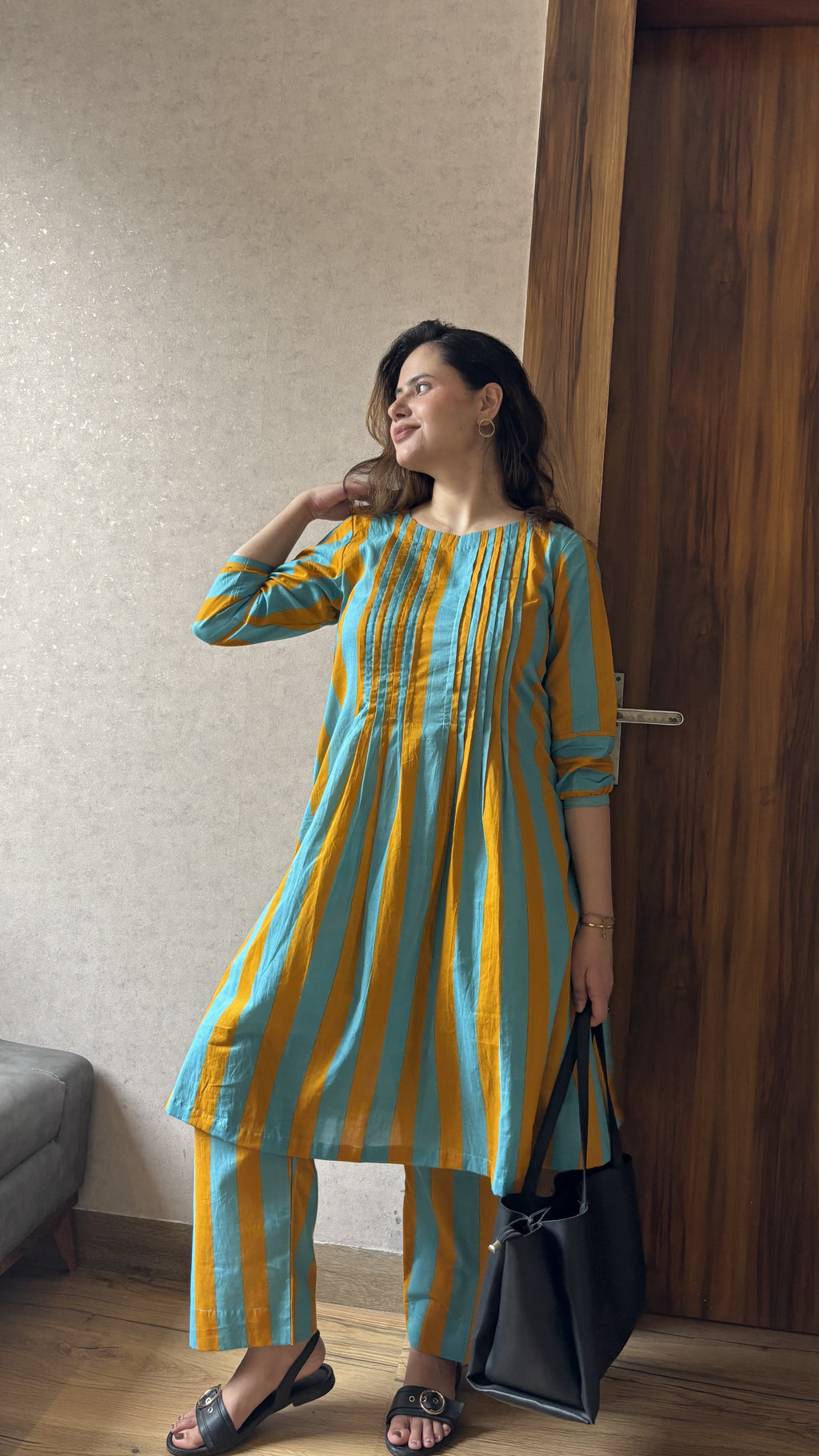 Blue & Mustard Stripe Coord Set with Kurta and Pants