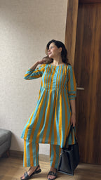 Blue & Mustard Stripe Coord Set with Kurta and Pants