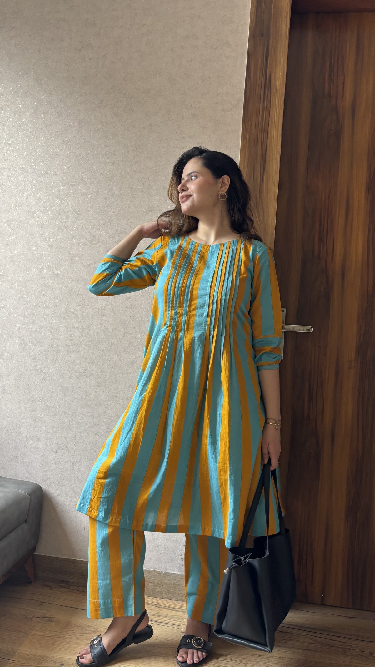 Blue & Mustard Stripe Coord Set with Kurta and Pants