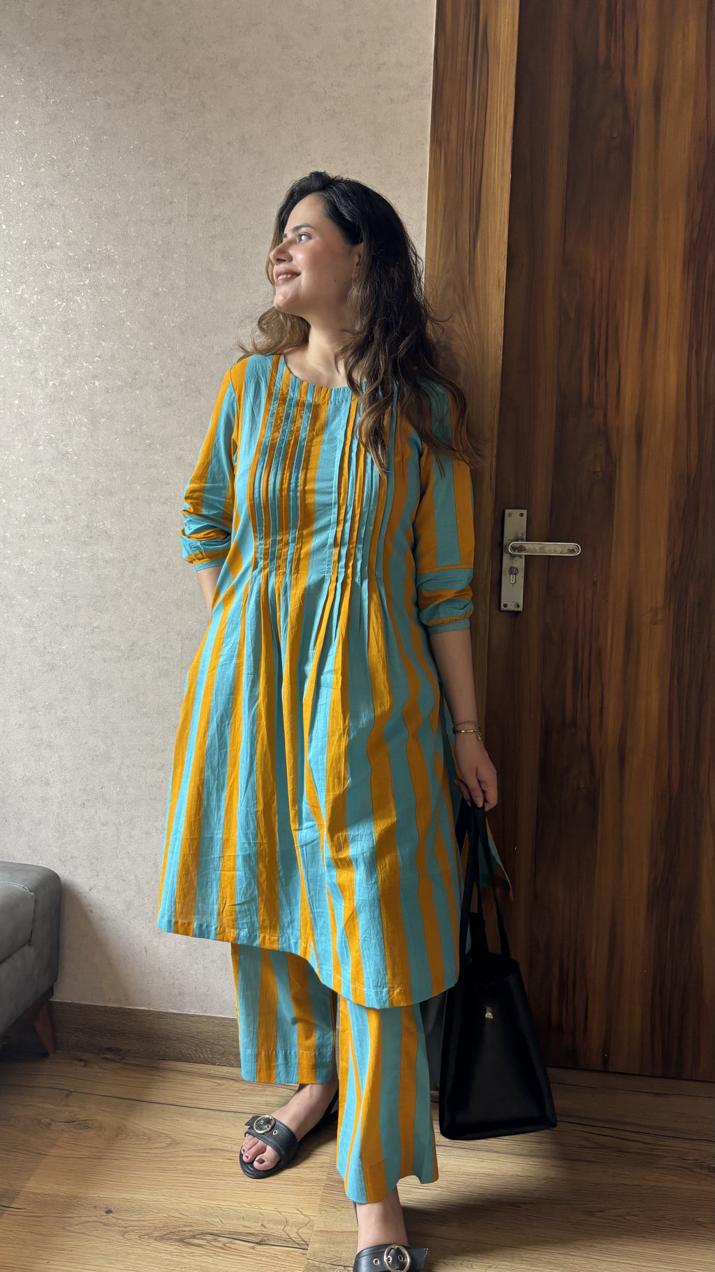 Blue & Mustard Stripe Coord Set with Kurta and Pants