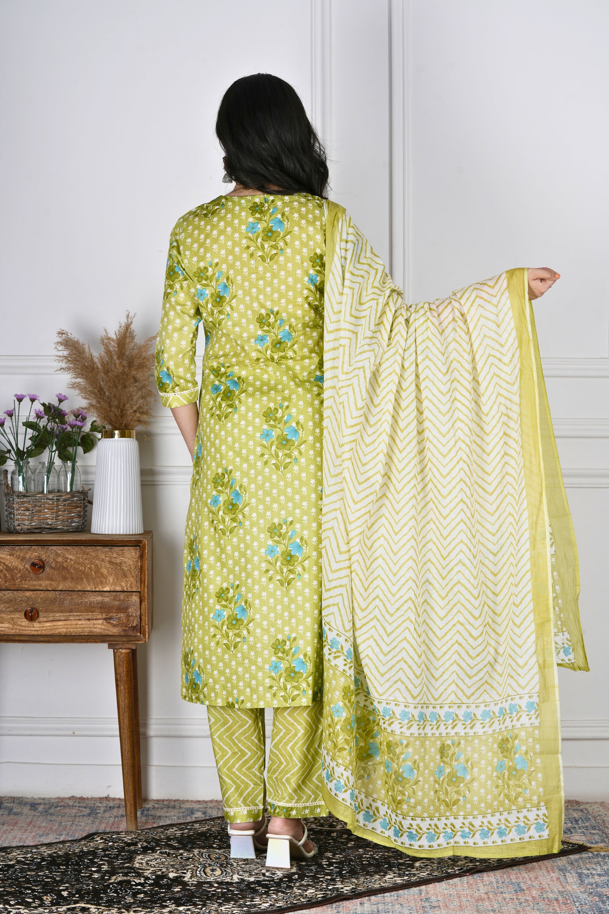 Brahmi Pista Green Cotton Suit Set - Aavarana by Karnika