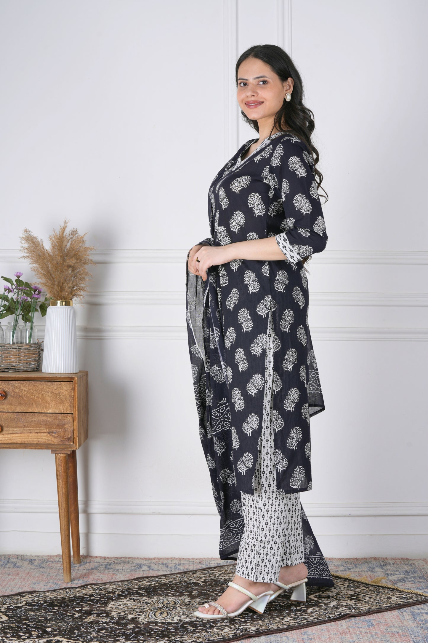 Ajaya Black and White Handblock Cotton Suit Set - Aavarana by Karnika