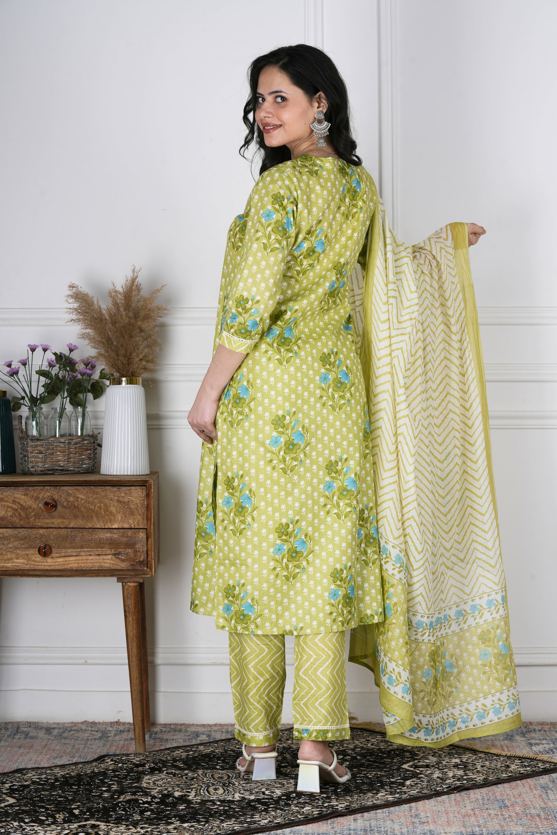 Brahmi Pista Green Cotton Suit Set - Aavarana by Karnika