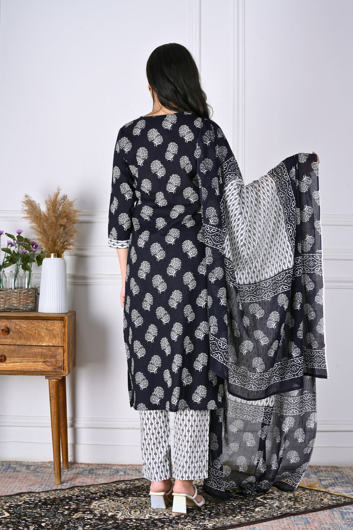 Ajaya Black and White Handblock Cotton Suit Set - Aavarana by Karnika