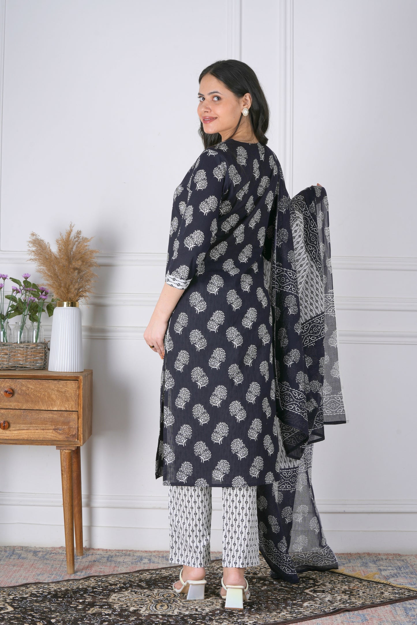 Ajaya Black and White Handblock Cotton Suit Set - Aavarana by Karnika