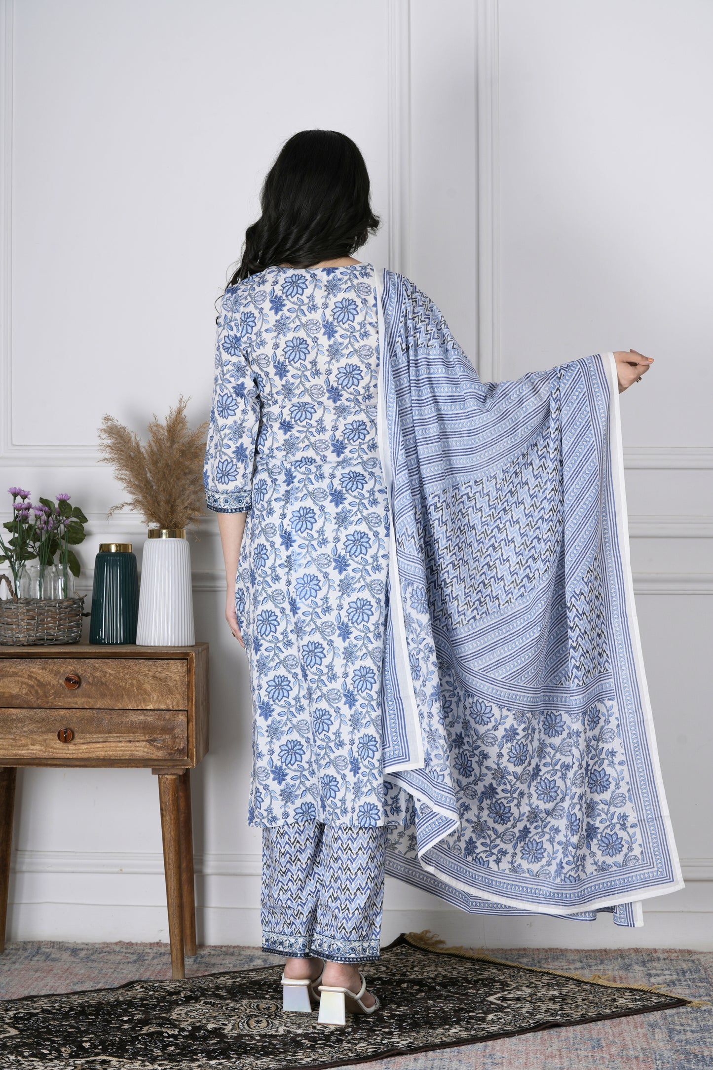 Dhara White and Blue Handblock Print Cotton Suit Set - Aavarana by Karnika