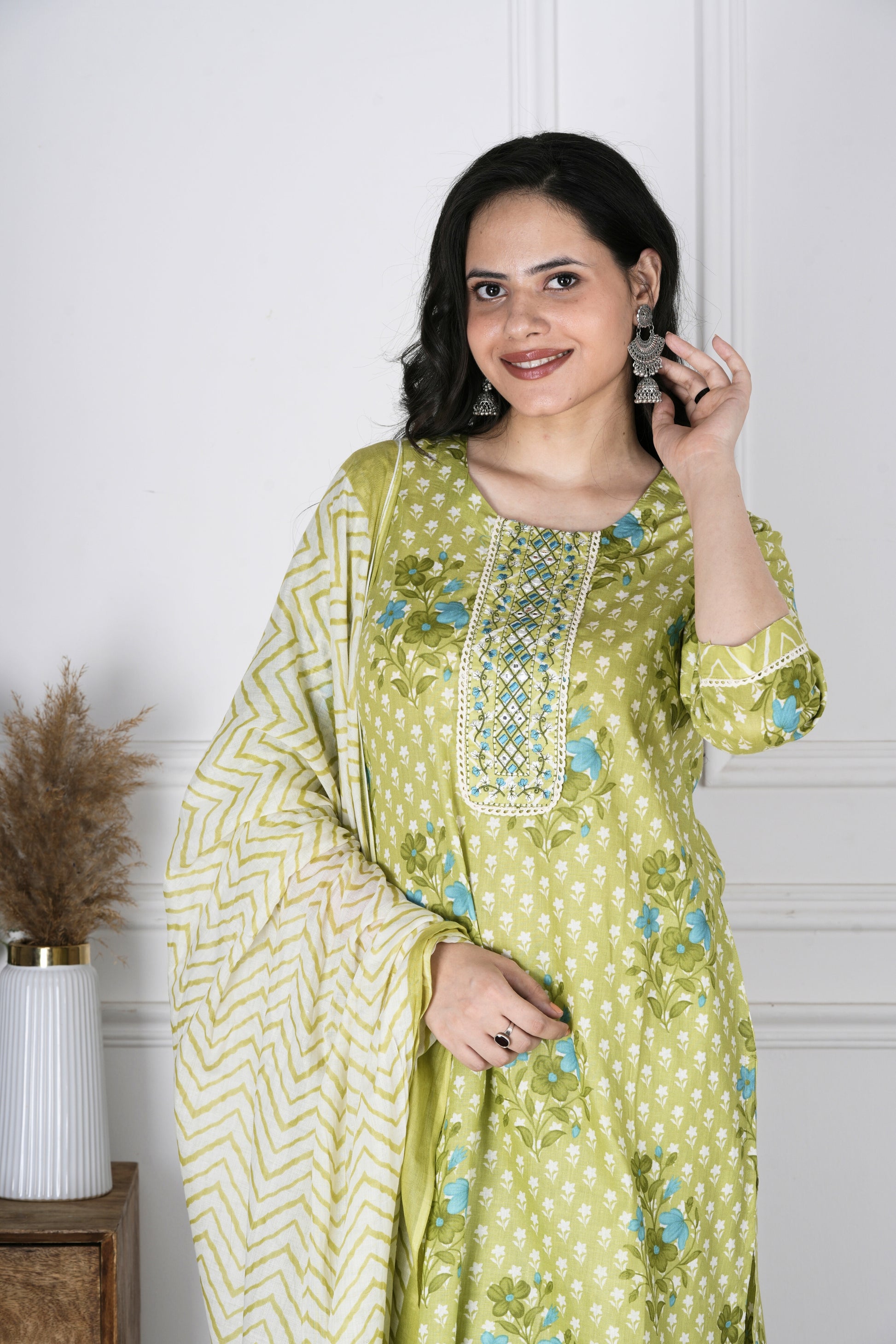 Brahmi Pista Green Cotton Suit Set - Aavarana by Karnika