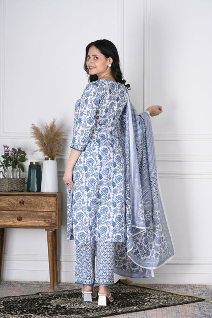 Dhara White and Blue Handblock Print Cotton Suit Set - Aavarana by Karnika