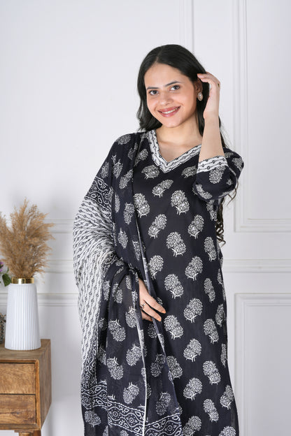 Ajaya Black and White Handblock Cotton Suit Set - Aavarana by Karnika