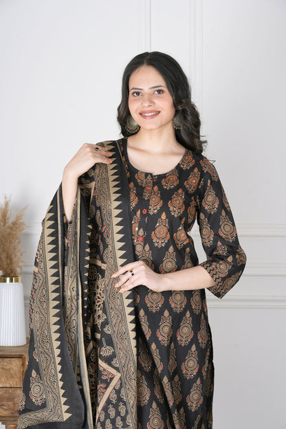 Ameya Black and Brown Handblock Cotton Suit Set - Aavarana by Karnika