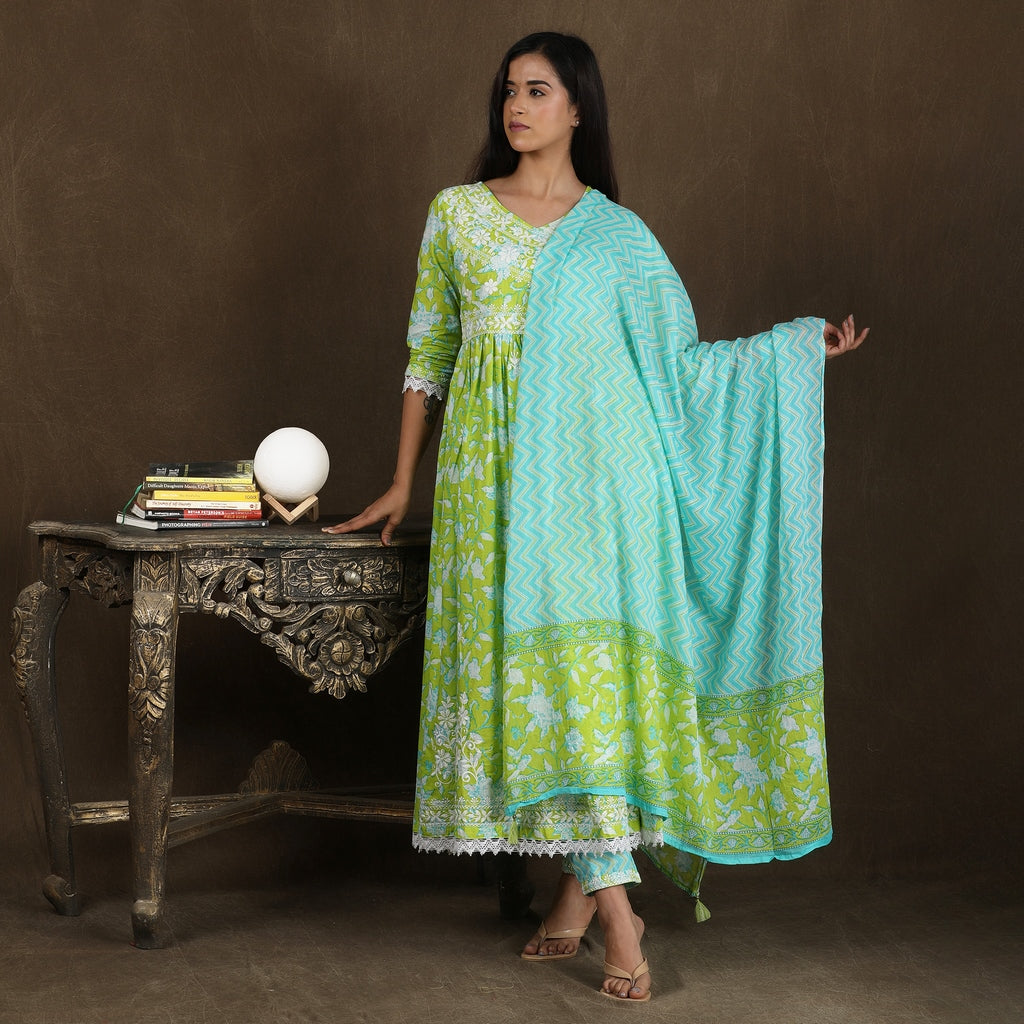 Neerja Light Green Cotton Angarkha Style All-Over Embroidery Suit Set – 3pc - Aavarana by Karnika