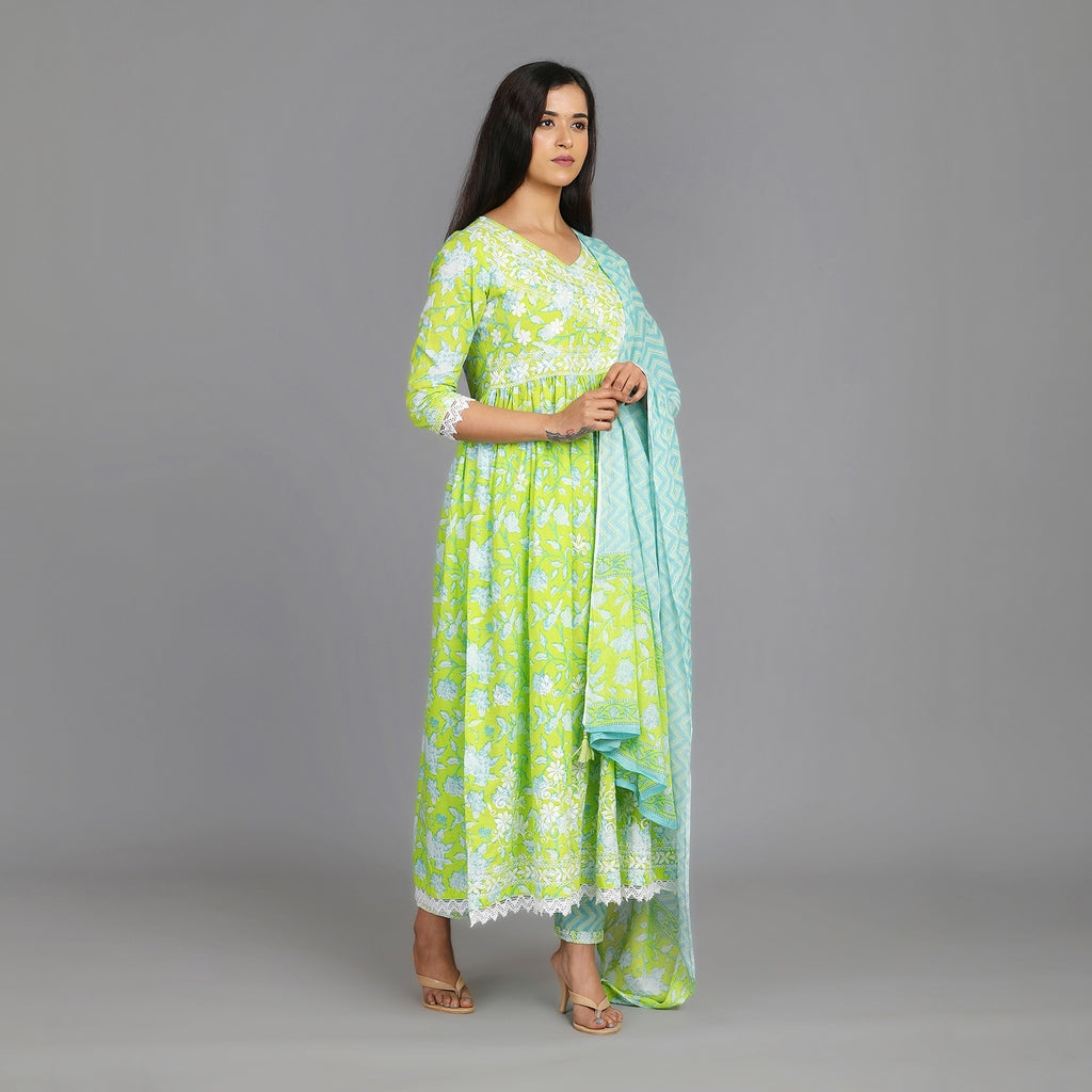 Neerja Light Green Cotton Angarkha Style All-Over Embroidery Suit Set – 3pc - Aavarana by Karnika