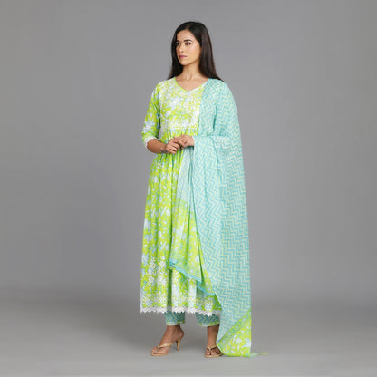 Neerja Light Green Cotton Angarkha Style All-Over Embroidery Suit Set – 3pc - Aavarana by Karnika