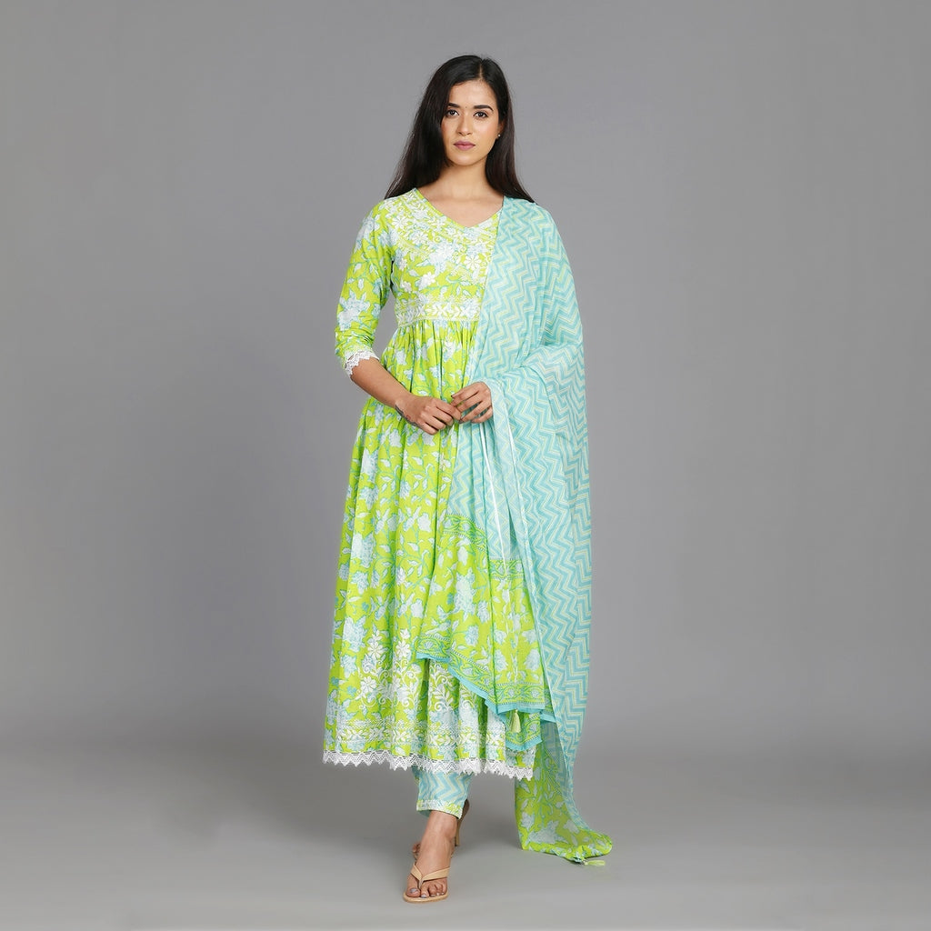 Neerja Light Green Cotton Angarkha Style All-Over Embroidery Suit Set – 3pc - Aavarana by Karnika