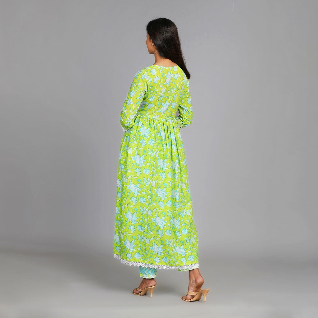 Neerja Light Green Cotton Angarkha Style All-Over Embroidery Suit Set – 3pc - Aavarana by Karnika