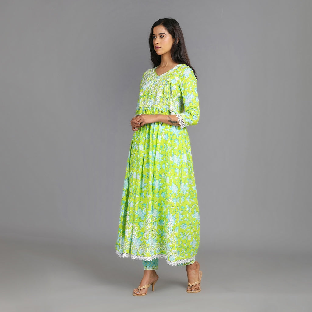 Neerja Light Green Cotton Angarkha Style All-Over Embroidery Suit Set – 3pc - Aavarana by Karnika