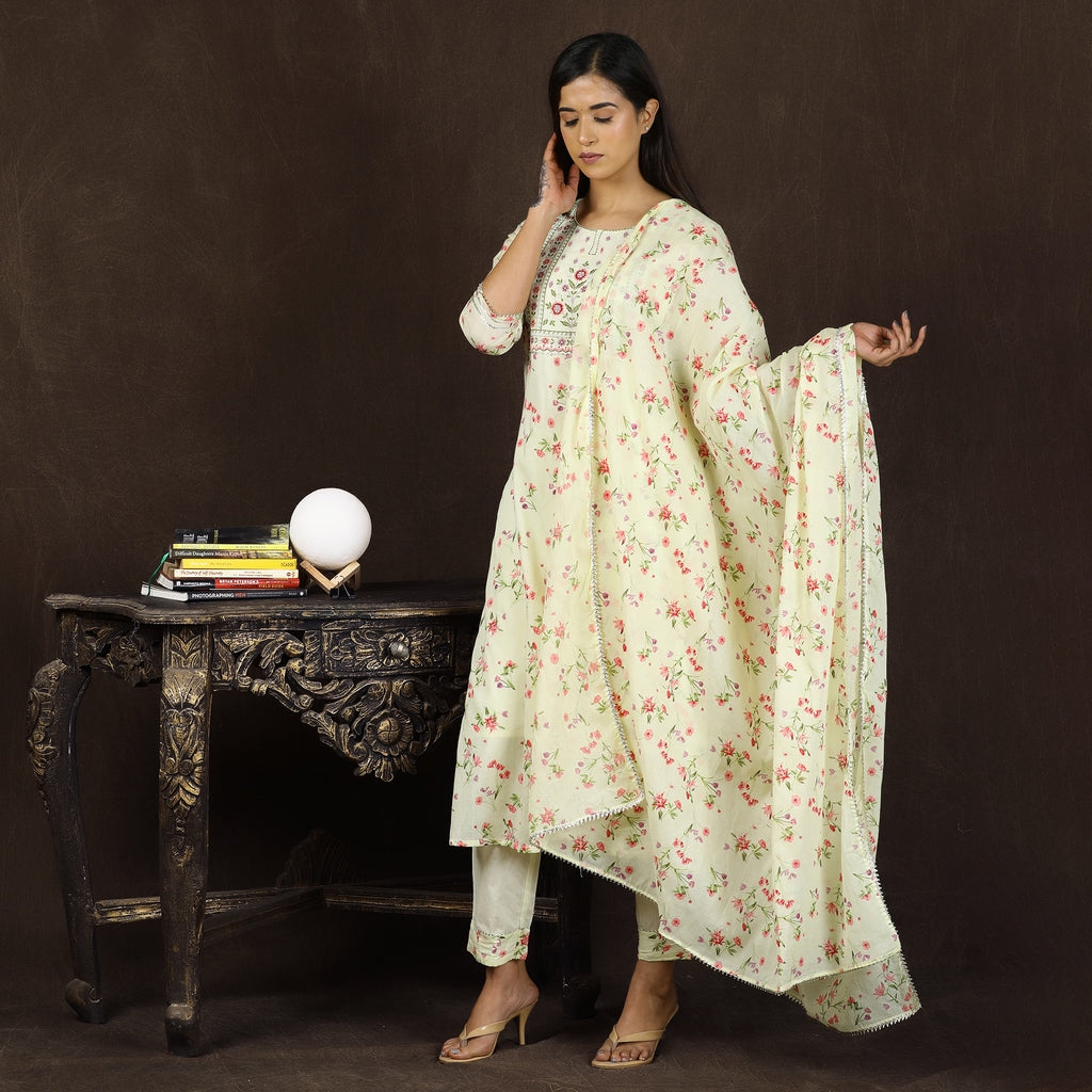 Bhagya Light Yellow Cotton Suit Set With Exquisite Embroidery and Gotapatti Work– 3pc - Aavarana by Karnika