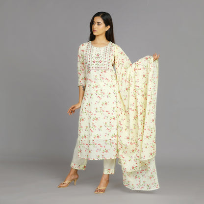 Bhagya Light Yellow Cotton Suit Set With Exquisite Embroidery and Gotapatti Work– 3pc - Aavarana by Karnika