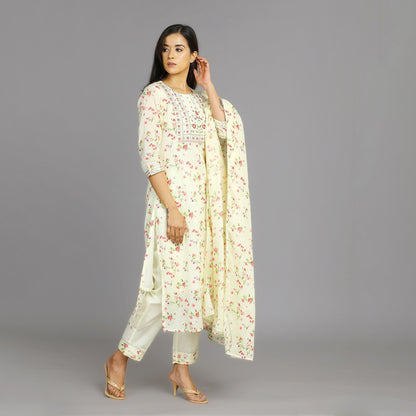 Bhagya Light Yellow Cotton Suit Set With Exquisite Embroidery and Gotapatti Work– 3pc - Aavarana by Karnika